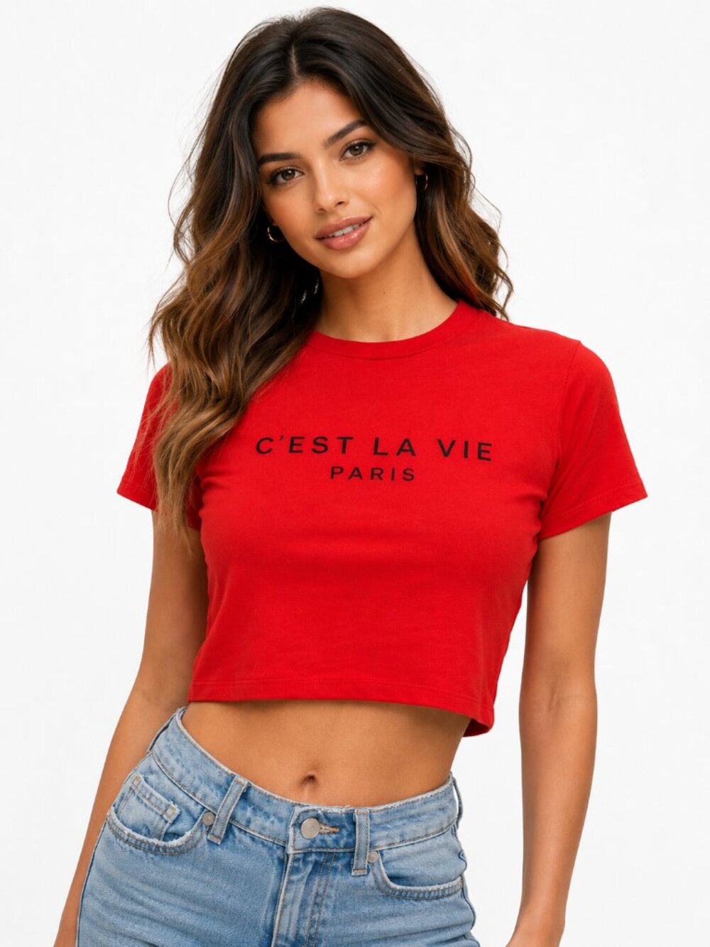 Women's Red “C’est La Vie Paris” Crop Top Tee, XS